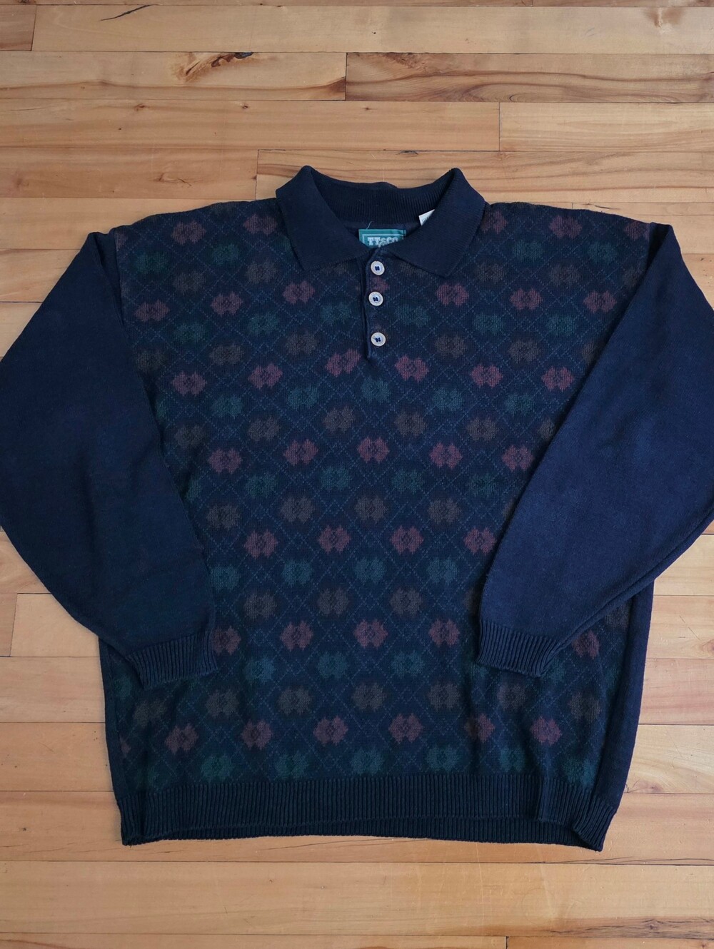 Vintage Tip Top Men's  Navy Patterned  Polo Sweater Sz Medium